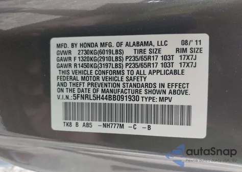 2011 Honda Odyssey Ex from USA, damaged, VIN 5FNRL5H44BB091930